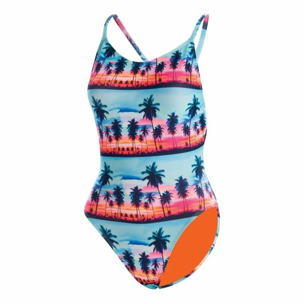 Dolfin Swimsuit Women Size 30 Turquoise Palm Trees Cross Back One Piece‎